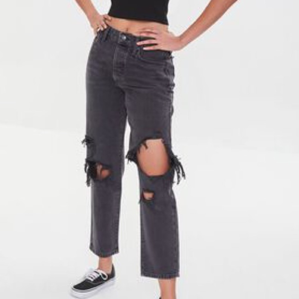 High Waisted Destroyed Crop Flared Jeans